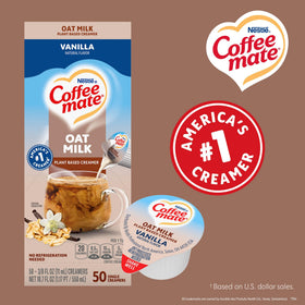Coffee Mate vanilla oat milk creamer pouring into hot coffee for smooth flavor