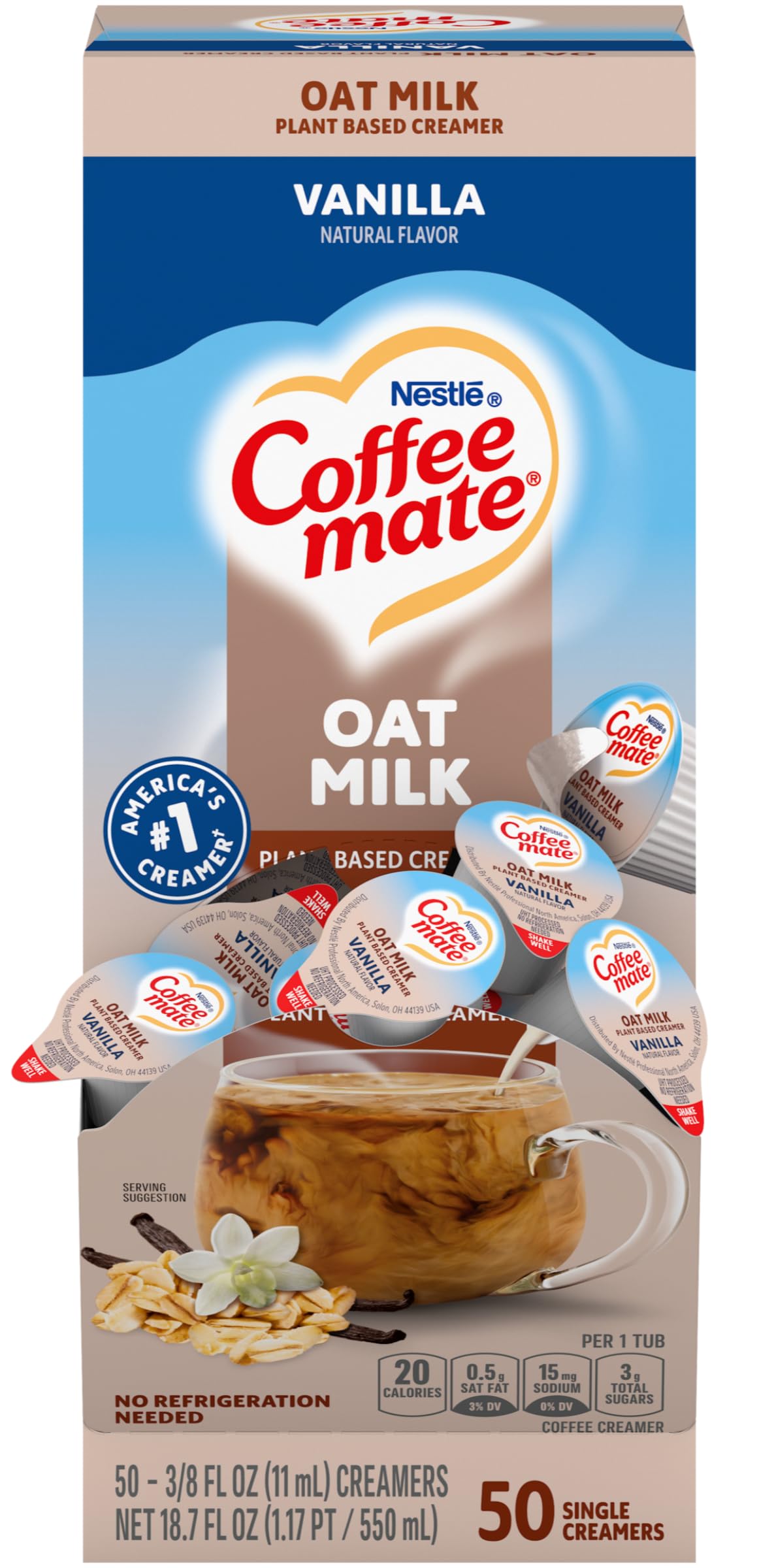 Coffee Mate vanilla oat milk single-serve pack ready to pour into dairy-free coffee