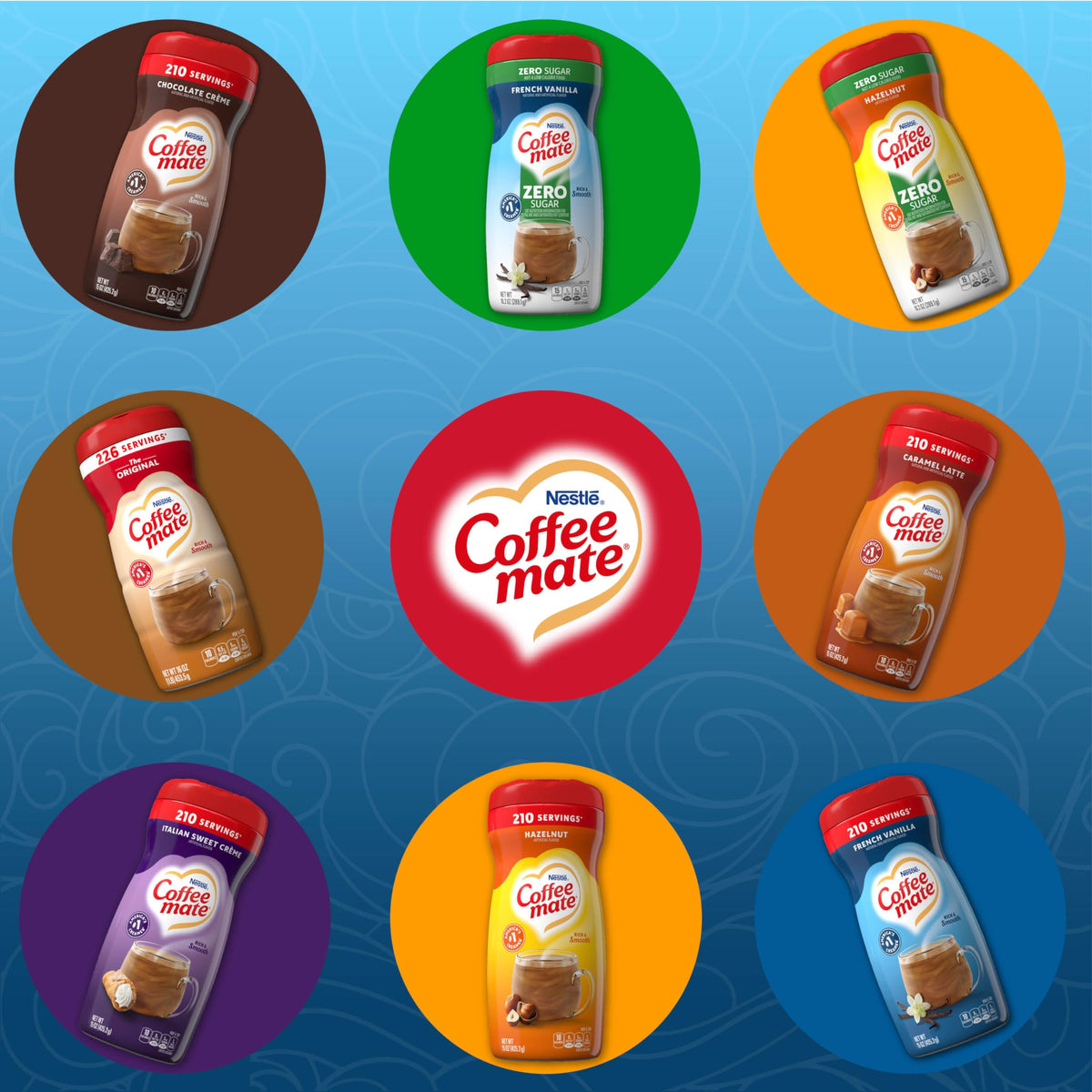 Coffee Mate variety pack bottle set; four flavors for versatile coffee experiences.
