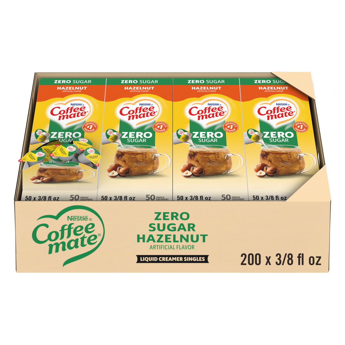 Coffee Mate Zero Sugar Hazelnut creamer tub on a dispenser box, ideal for quick coffee prep.