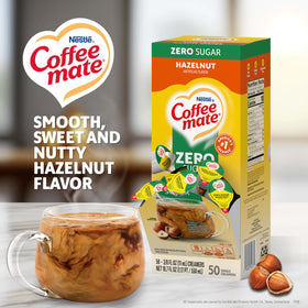 Coffee Mate Zero Sugar Hazelnut liquid creamer being opened and poured into a mug for lactose-free flavor.