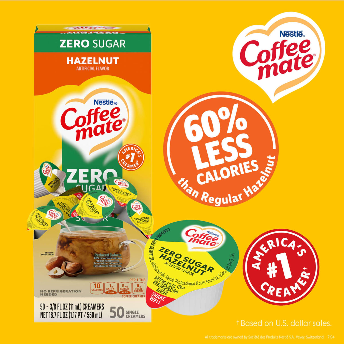 Coffee Mate Zero Sugar Hazelnut pack of 200 singles, office-ready for guest coffee.