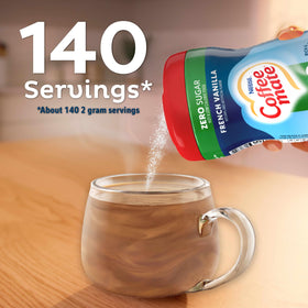 Coffee mate Zero Sugar vanilla caramel bottle enhances coffee taste without sugar.