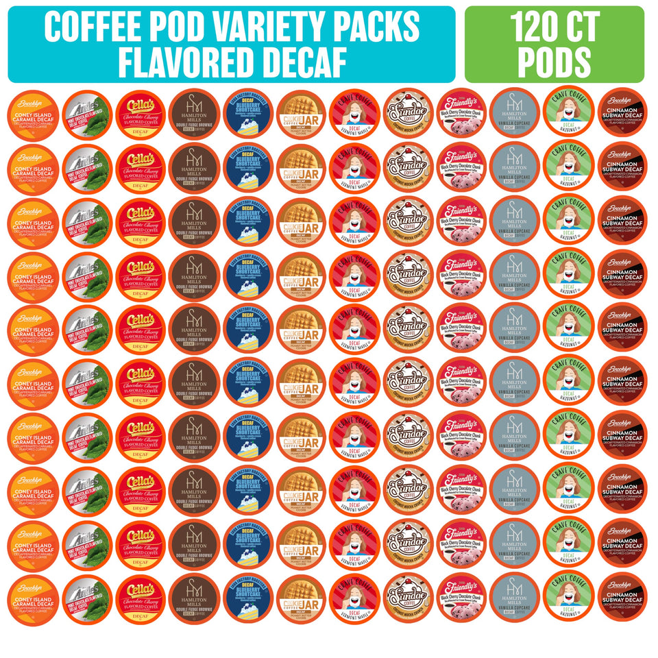 Coffee Pod Variety Packs decaf sampler box with assorted flavors for Keurig 2.0 brewers.