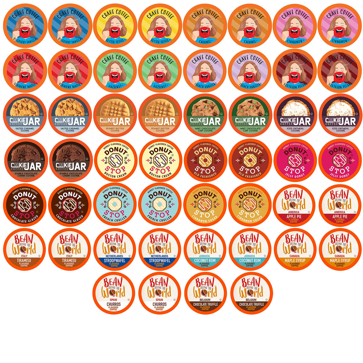 Coffee Pod Variety Packs flavored sampler shows colorful cups for easy flavor exploration.