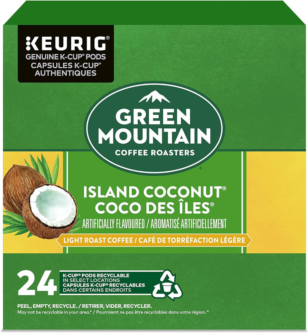 Green Mountain Island Coconut K-Cup close-up for single-serve brewing with tropical aroma