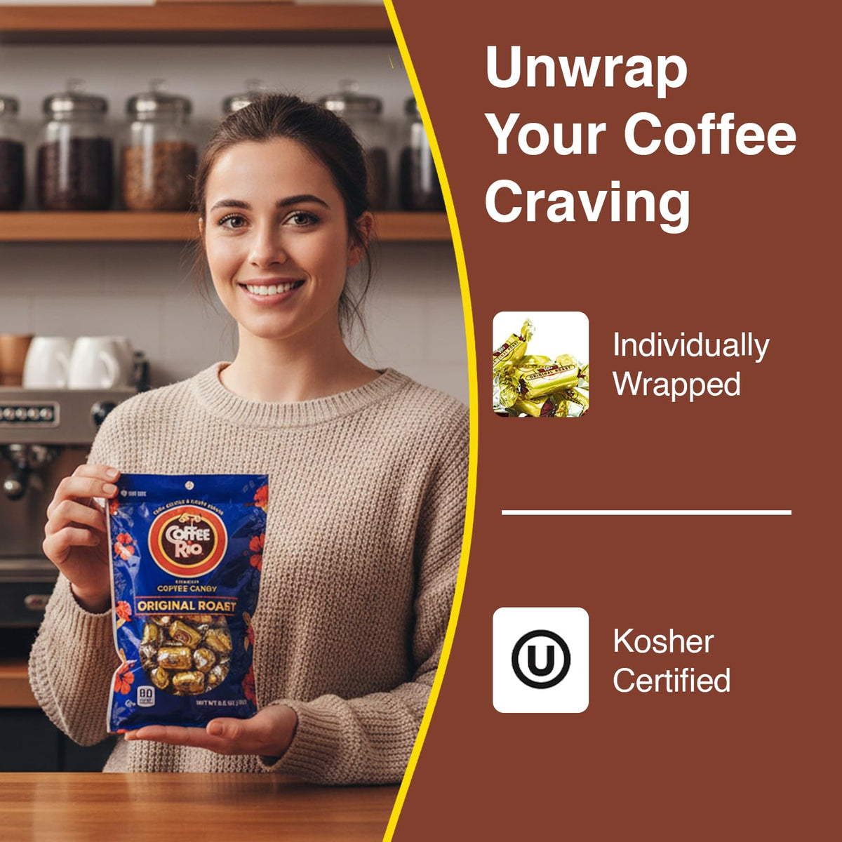 Individually wrapped Coffee Rio Candies for on-the-go snacking.
