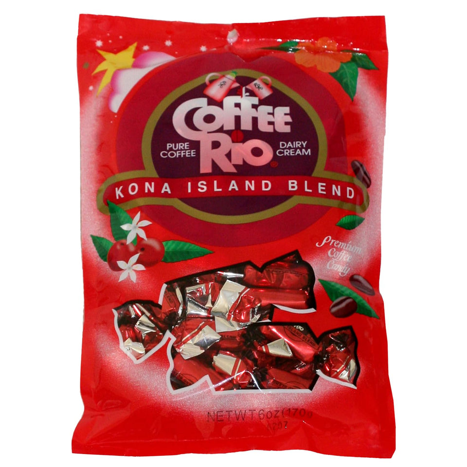 Coffee Rio Kona Island Blend candies in stand-up bag for easy office sharing.