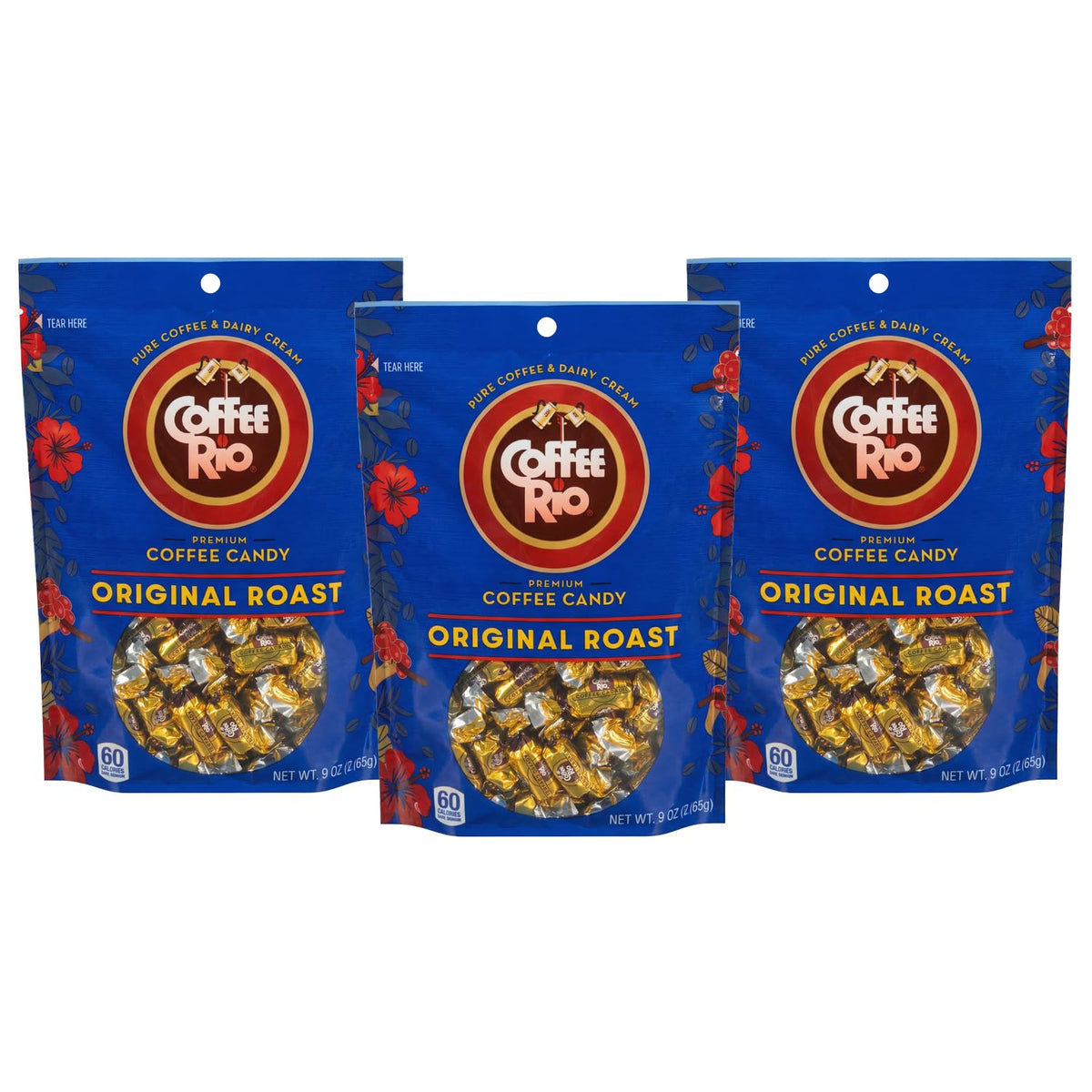 Coffee Rio original roast caramel candies pack with stand-up bags for easy sharing