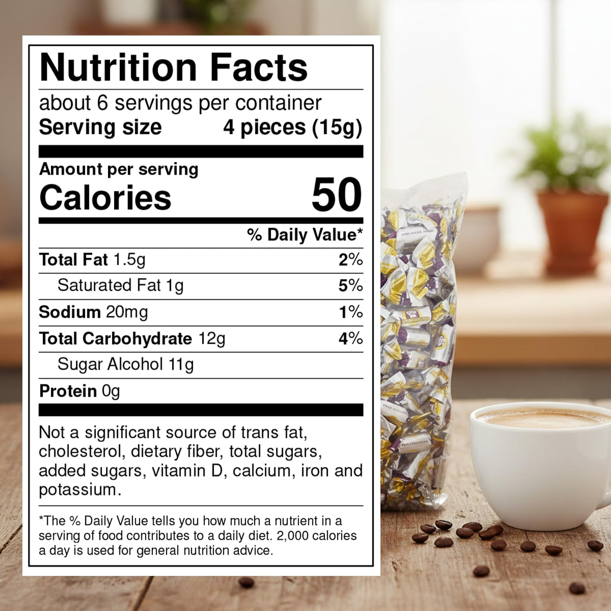 Coffee Rio Sugar-Free Latté Candies on desk offering quick, low-sugar pick-me-up