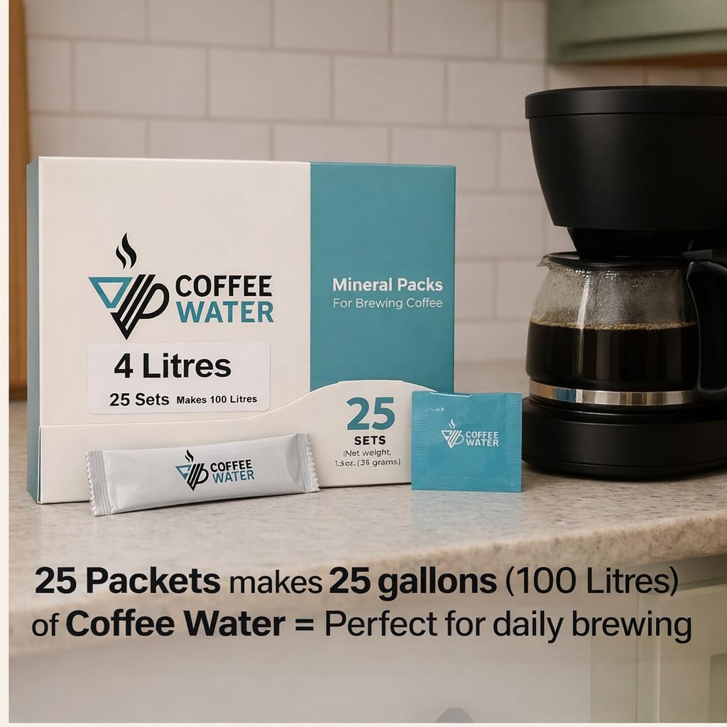 COFFEE WATER mineral packs kitchen scene demonstrates convenient water balancing for coffee