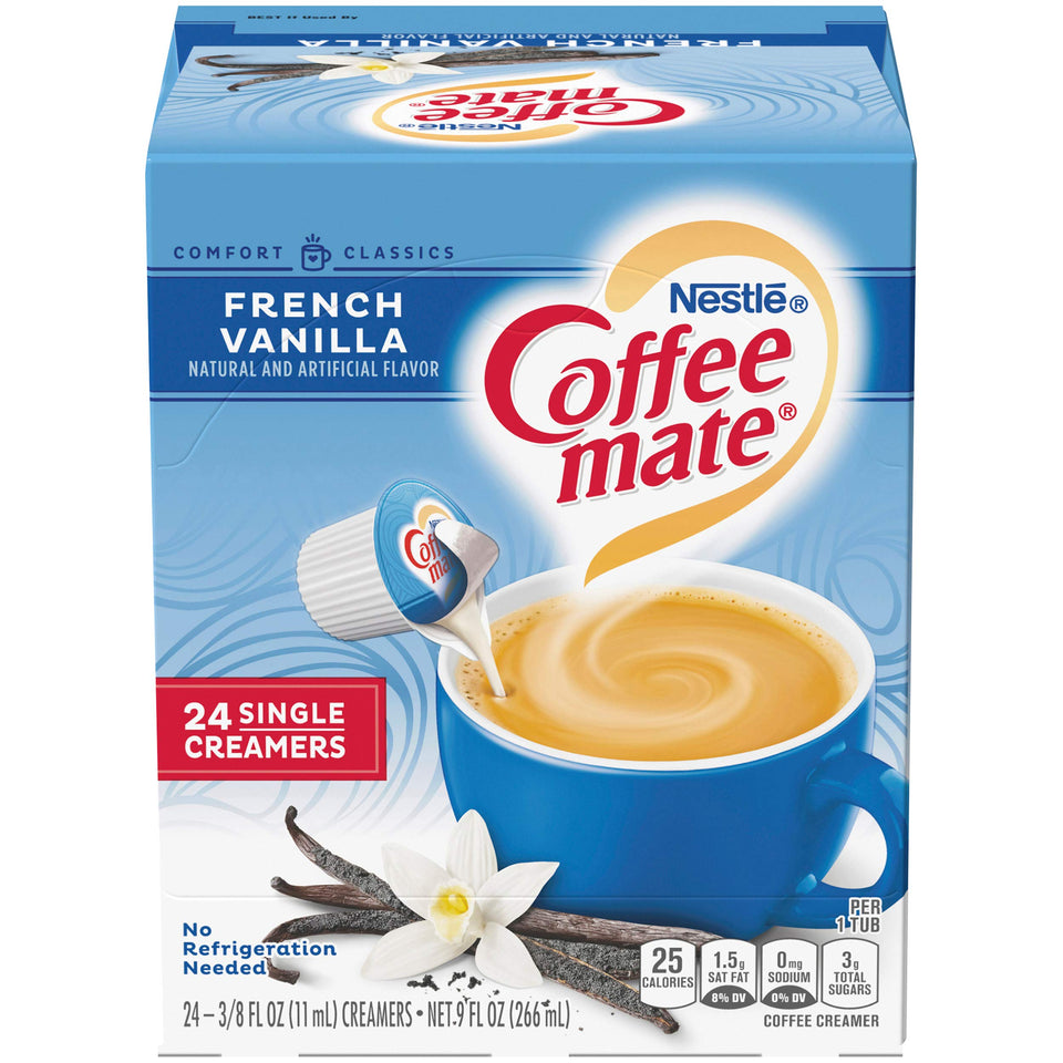 Coffee Mate French Vanilla liquid creamer singles in box for on the go mornings