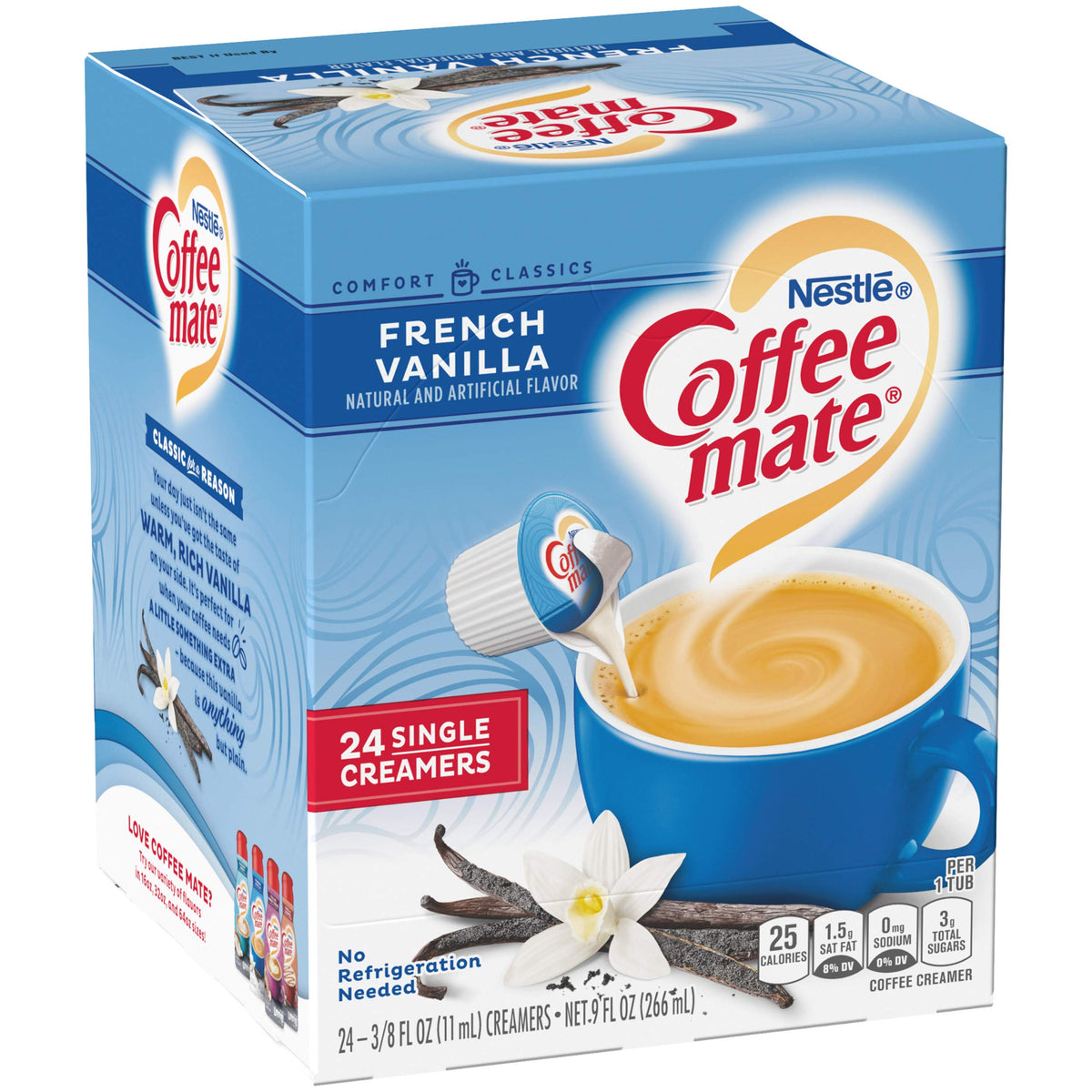 Coffee Mate French Vanilla creamer being poured into a cup for a richer cup
