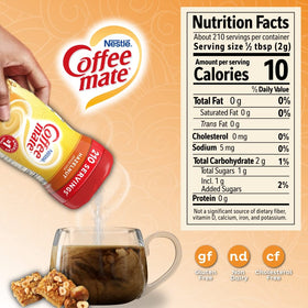 Shelf-stable Coffee Mate hazelnut creamer, nine months of flavor at room temperature.
