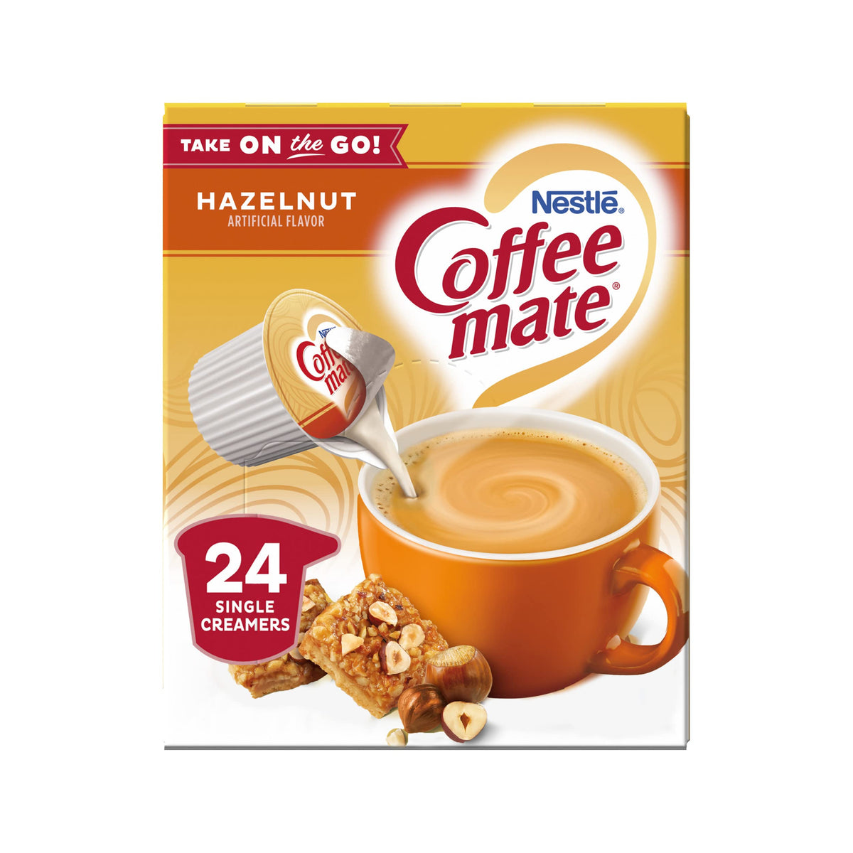 Coffee Mate Hazelnut liquid creamer single tube front, rich flavor for quick morning coffee.