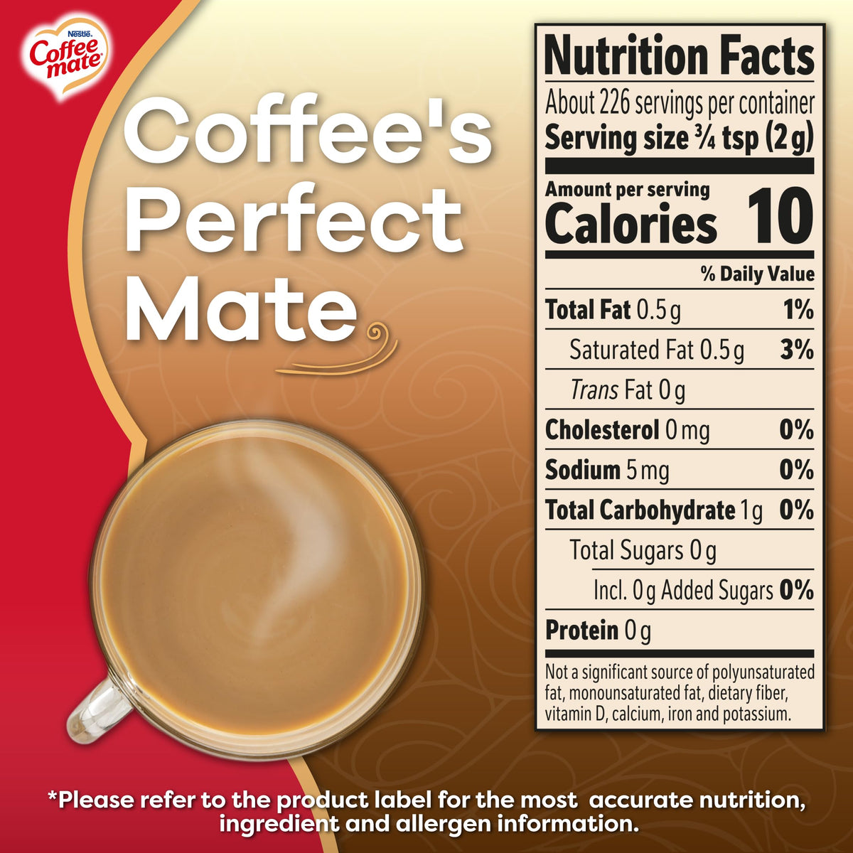 Coffee Mate Original ingredients label confirms non-dairy base and balanced flavor