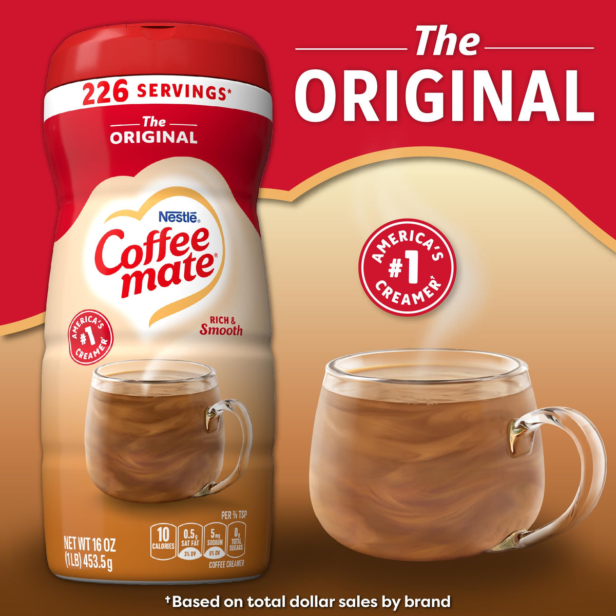 Coffee Mate Original non-dairy cream emphasizes lactose-free, gluten-free versatility