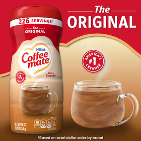 Coffee Mate Original non-dairy cream emphasizes lactose-free, gluten-free versatility