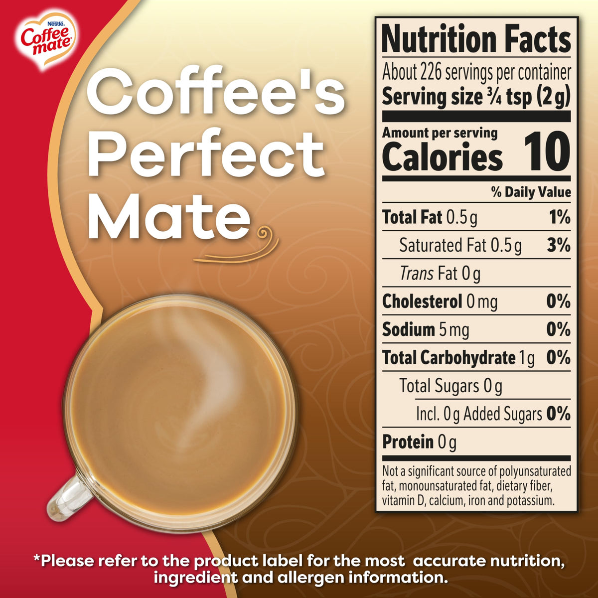 Coffee Mate Original Powdered Creamer poured smoothly into hot or cold beverages