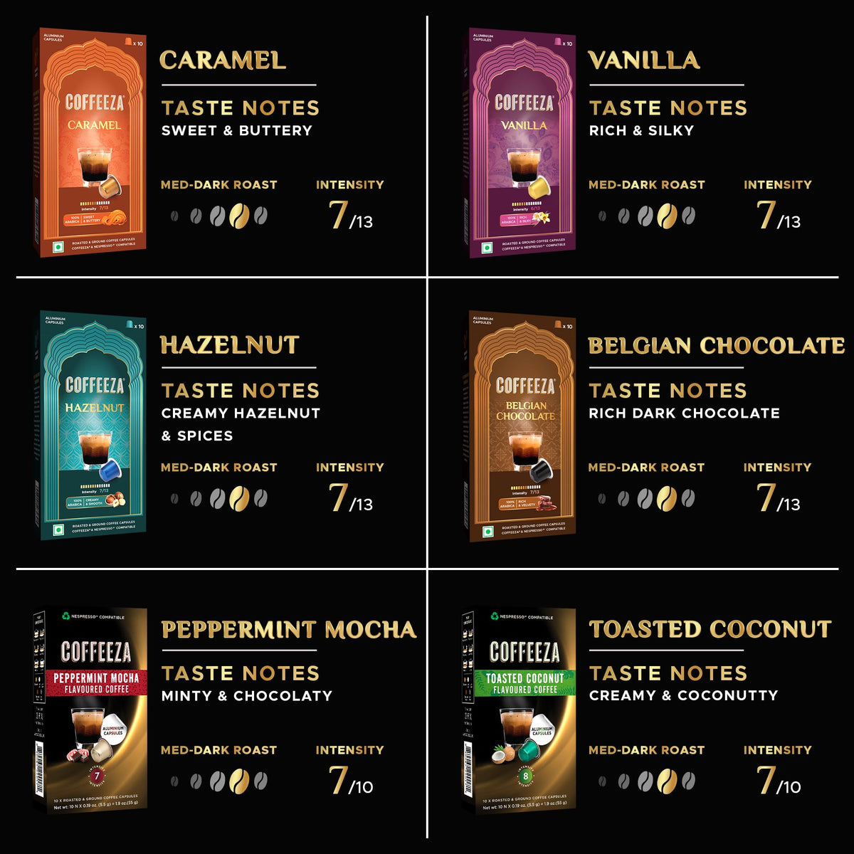 Coffeeza caramel flavored espresso pod close-up showcasing creamy sweetness
