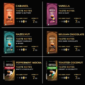 Coffeeza caramel flavored espresso pod close-up showcasing creamy sweetness