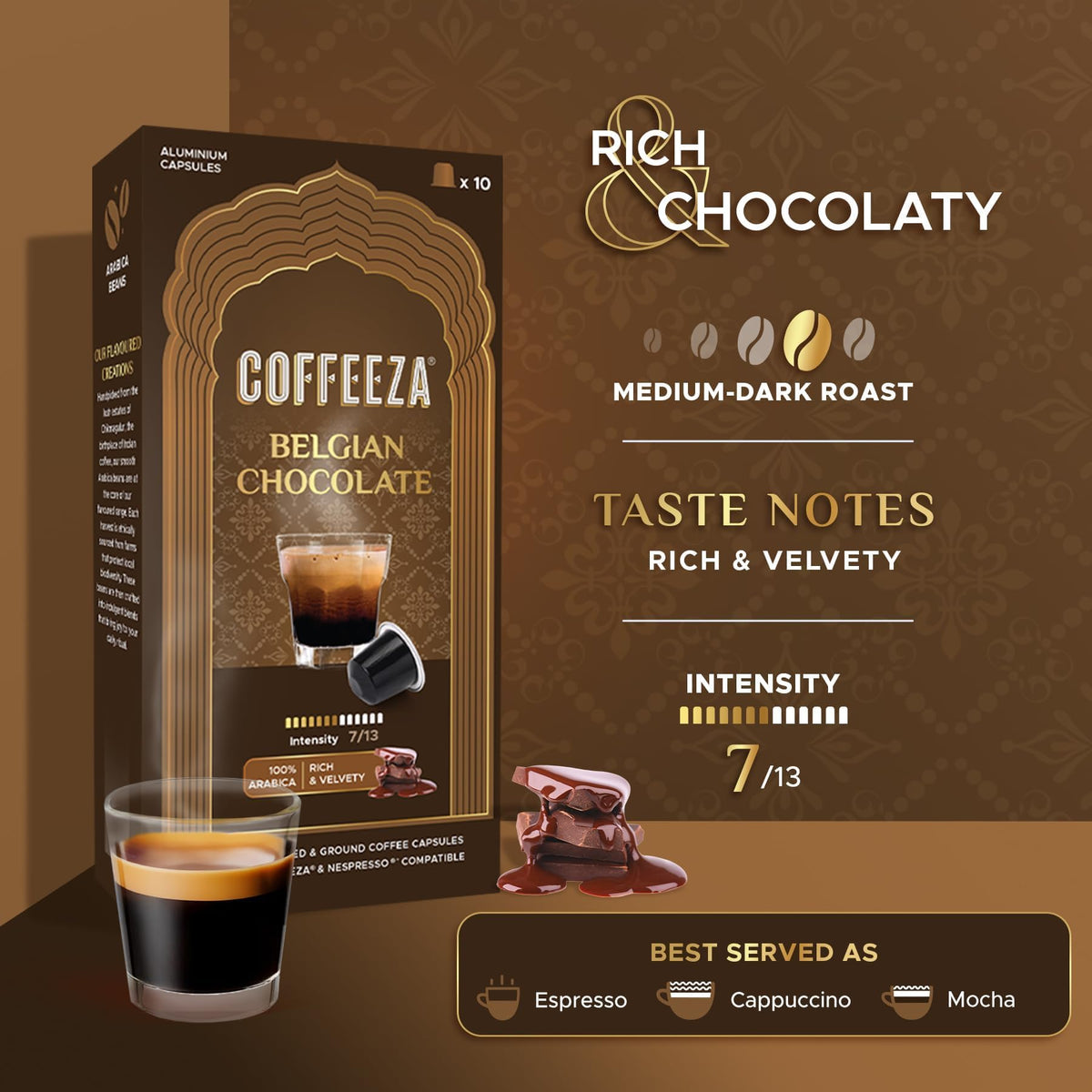 Closeup of Coffeeza Belgian Chocolate flavored espresso pods with rich aroma and cocoa hints.