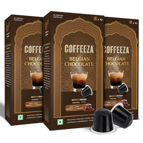 Coffeeza Belgian Chocolate flavored espresso pods packaging highlights premium aluminum capsules for freshness.