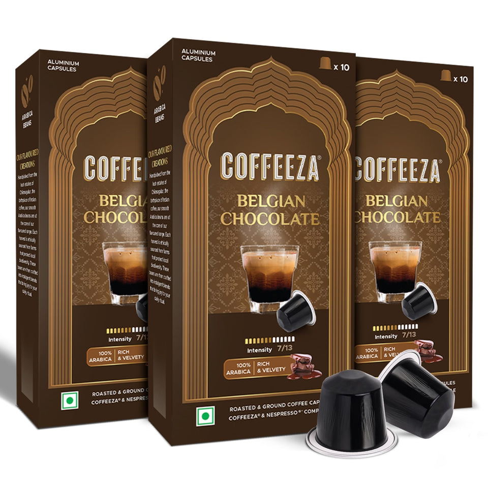 Coffeeza Belgian Chocolate flavored espresso pods packaging highlights premium aluminum capsules for freshness.