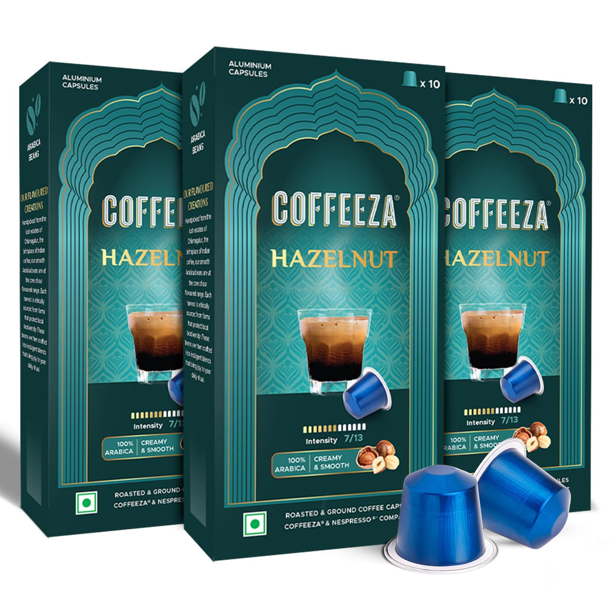 Coffeeza espresso pod hazelnut front pack reveals smooth, nutty aroma for quick morning espresso.