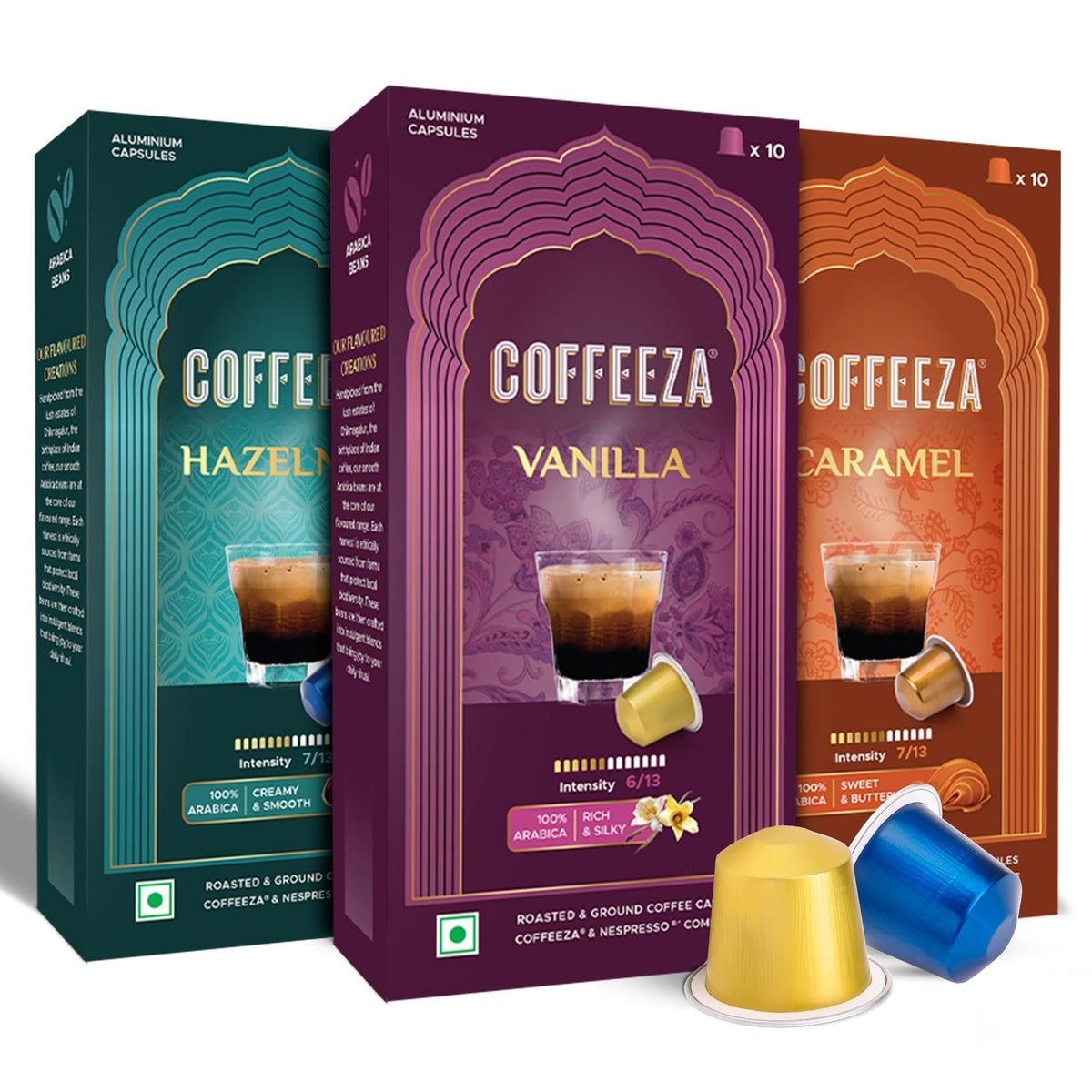 Coffeeza flavoured variety pack capsules close-up highlighting caramel aroma for a cozy coffee