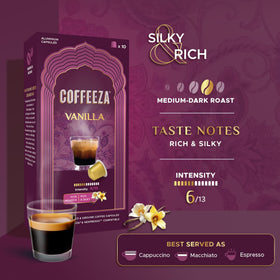 Coffeeza vanilla flavour capsules close-up with smooth aroma for a comforting cup