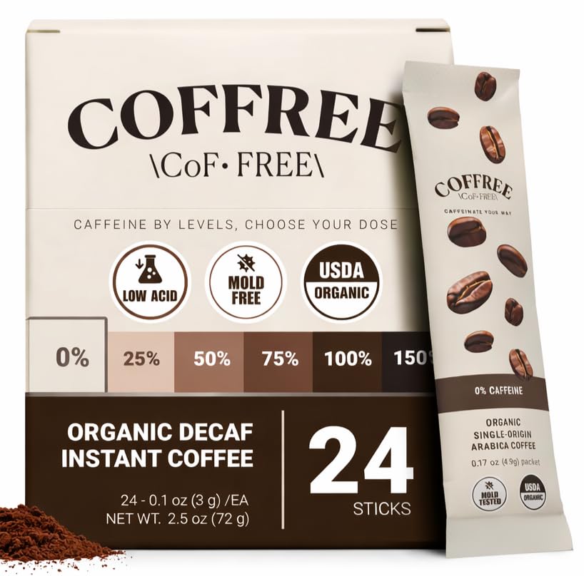 COFFREE Organic Decaf Instant Packets front view, ideal for travel and winding-down evenings.