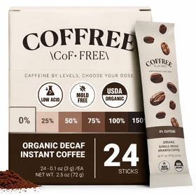 COFFREE Organic Decaf Instant Packets front view, ideal for travel and winding-down evenings.