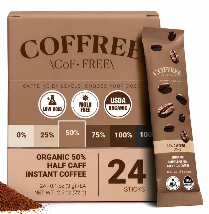 COFFREE organic instant coffee half-caff pack for quick morning caffeine boost