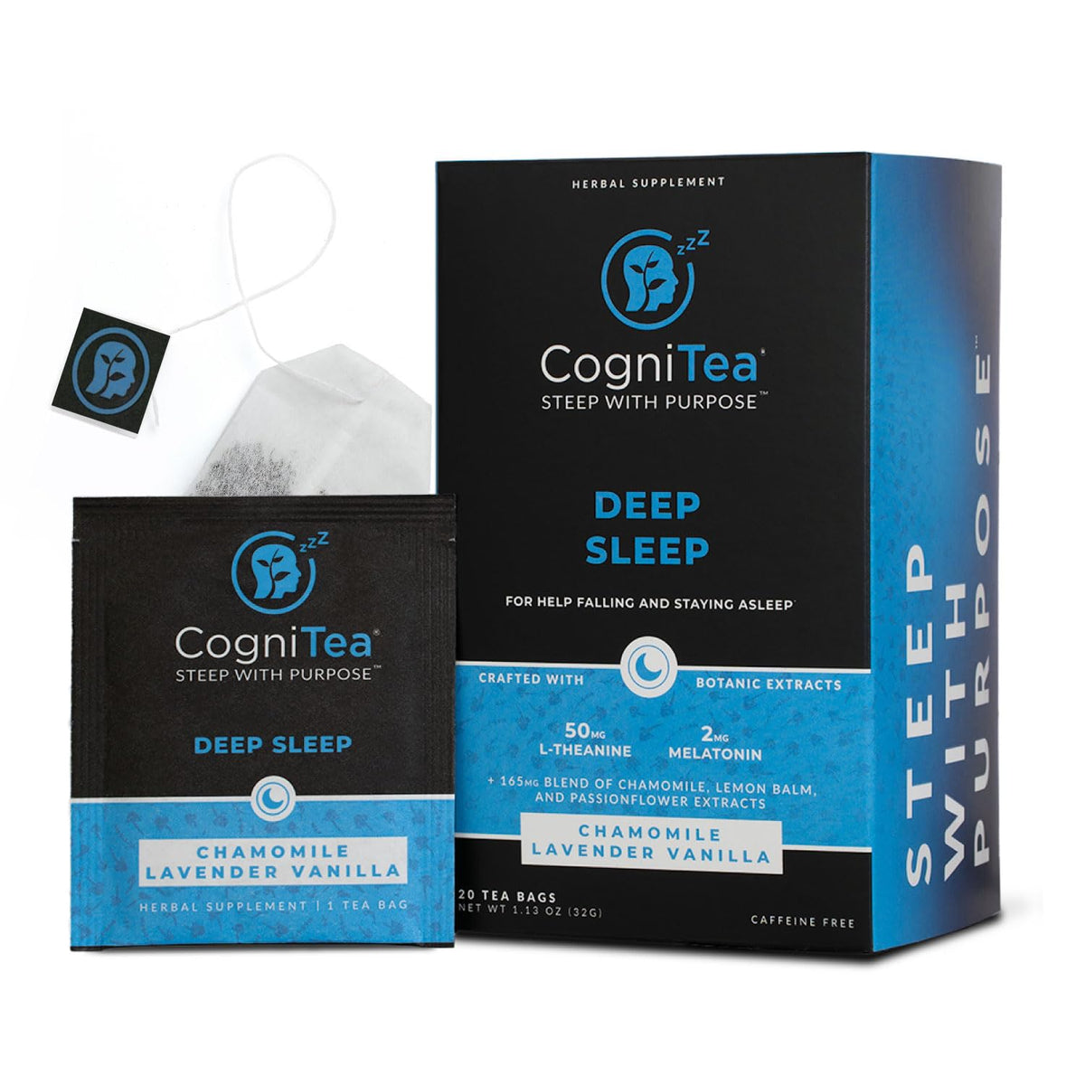 CogniTea Deep Sleep Tea bottle with melatonin supports a calming evening routine.