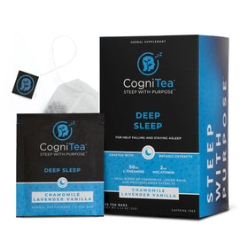 CogniTea Deep Sleep Tea bottle with melatonin supports a calming evening routine.