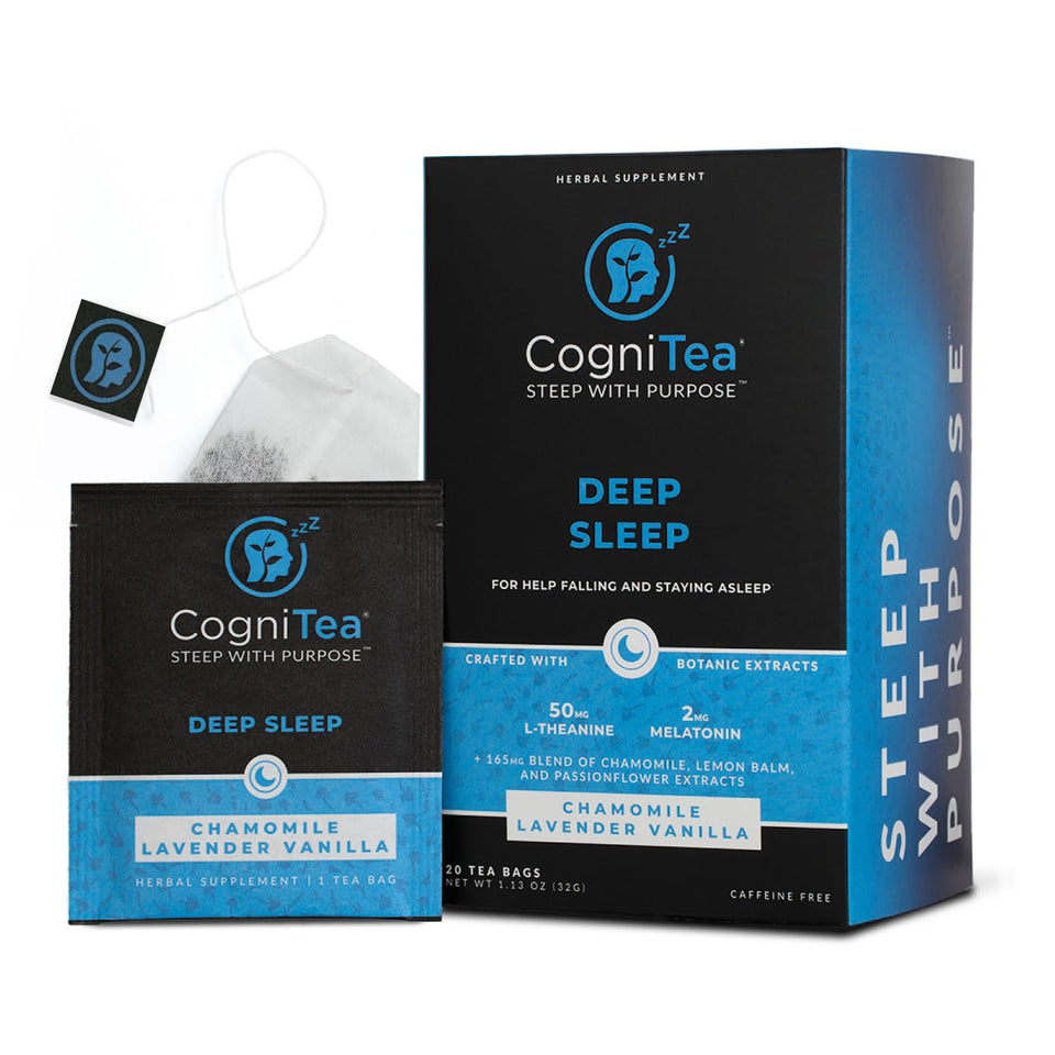 CogniTea Deep Sleep Tea bottle with melatonin supports a calming evening routine.