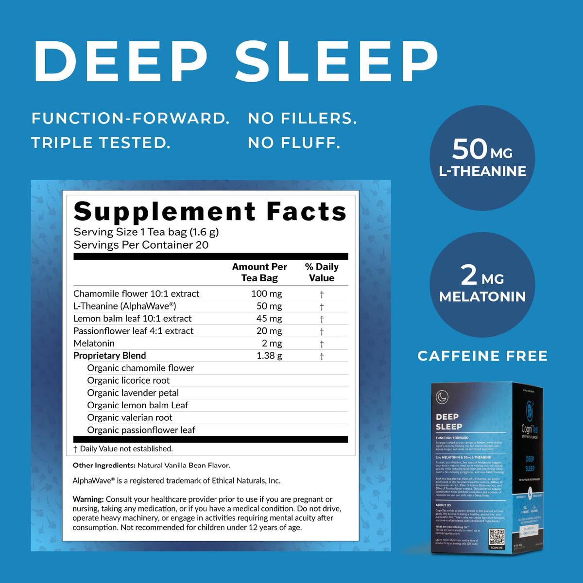 CogniTea Deep Sleep Tea herbal blend pack highlights organic ingredients for night use.