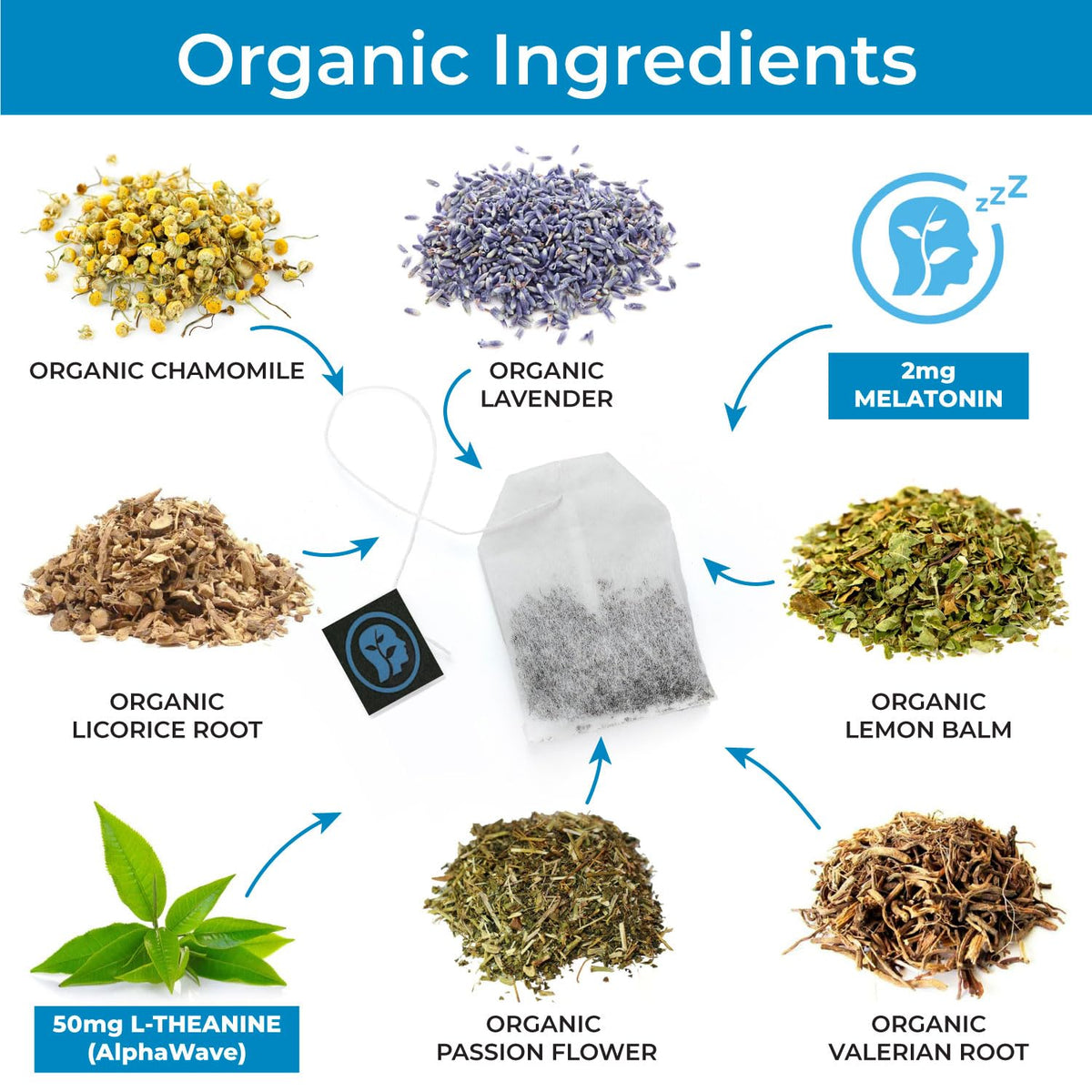 CogniTea Deep Sleep Tea tea-bag closeup shows pure, filler-free packaging.