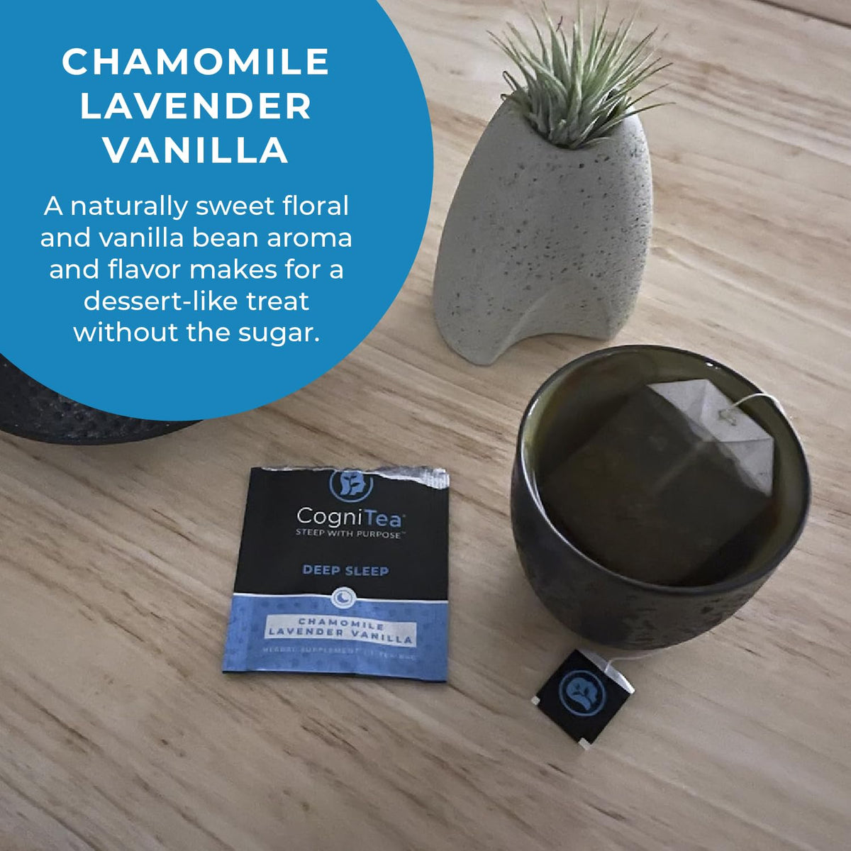 CogniTea Deep Sleep Tea USA non-GMO blend promotes mindful evenings.
