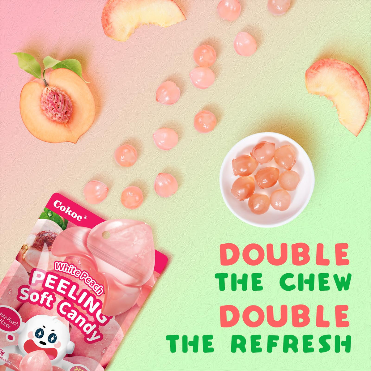 COKOC White Peach Peelable Gummy, refreshing fruit flavor in a playful peel.