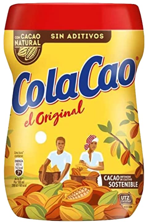 Cola Cao original chocolate drink mix with a spoon ready for quick morning prep.