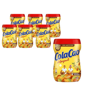Cola Cao original chocolate drink mix front packaging showing a 6-pack for family sharing.
