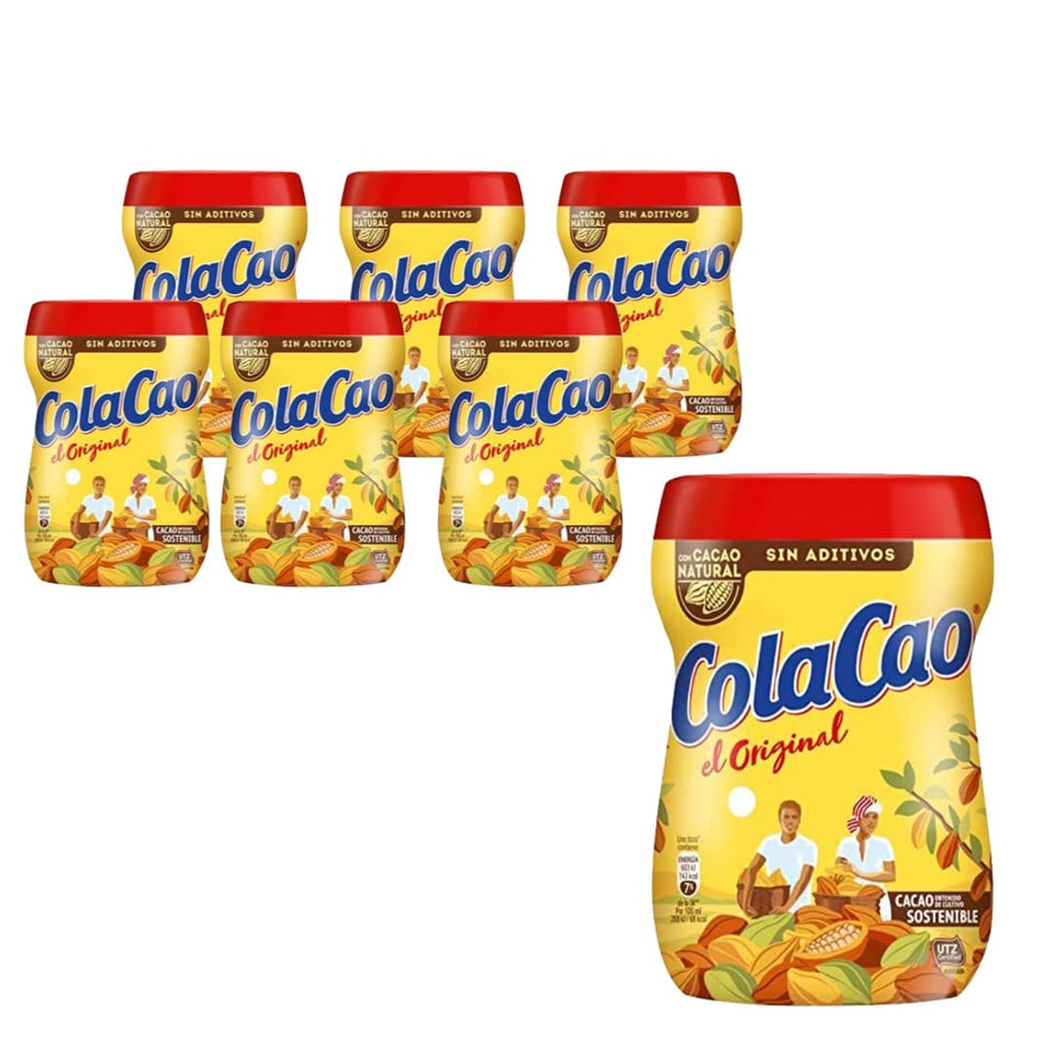 Cola Cao original chocolate drink mix front packaging showing a 6-pack for family sharing.