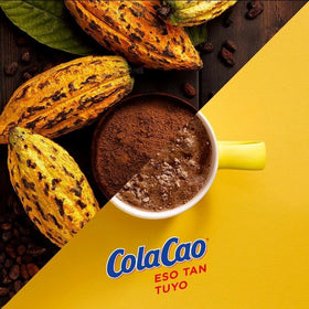 Cola Cao original chocolate drink mix with kids at table for a comforting snack.