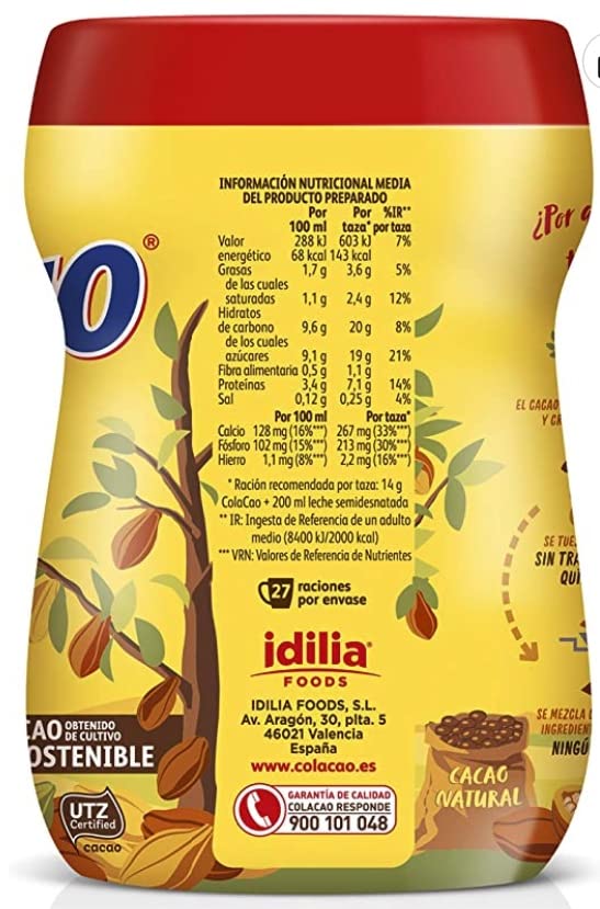 Cola Cao original chocolate drink mix in a milk glass with smooth cocoa flavor.