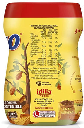 Cola Cao original chocolate drink mix in a milk glass with smooth cocoa flavor.