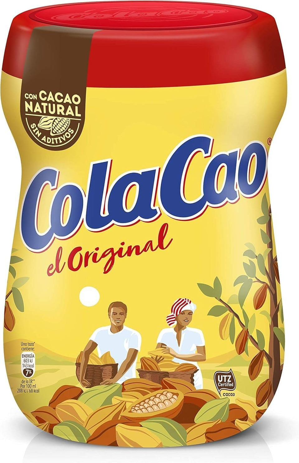Cola Cao Original powder tub front, perfect for a quick cocoa breakfast.