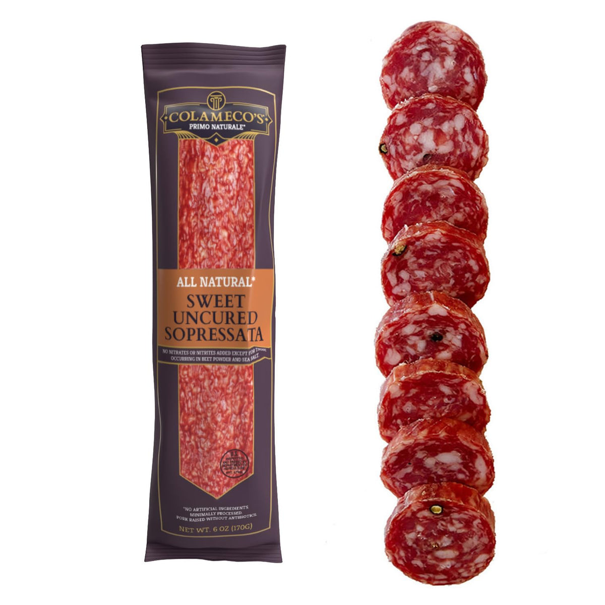 COLAMECO'S all natural uncured soppressata chub on pack display; bold flavor.