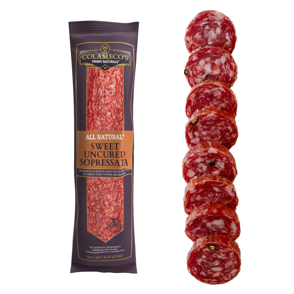 COLAMECO'S all natural uncured soppressata chub on pack display; bold flavor.